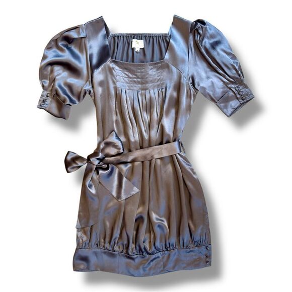 Vintage Soul Silver Ruched Babydoll Dress with Puff Sleeves Sz M - Picture 1 of 12